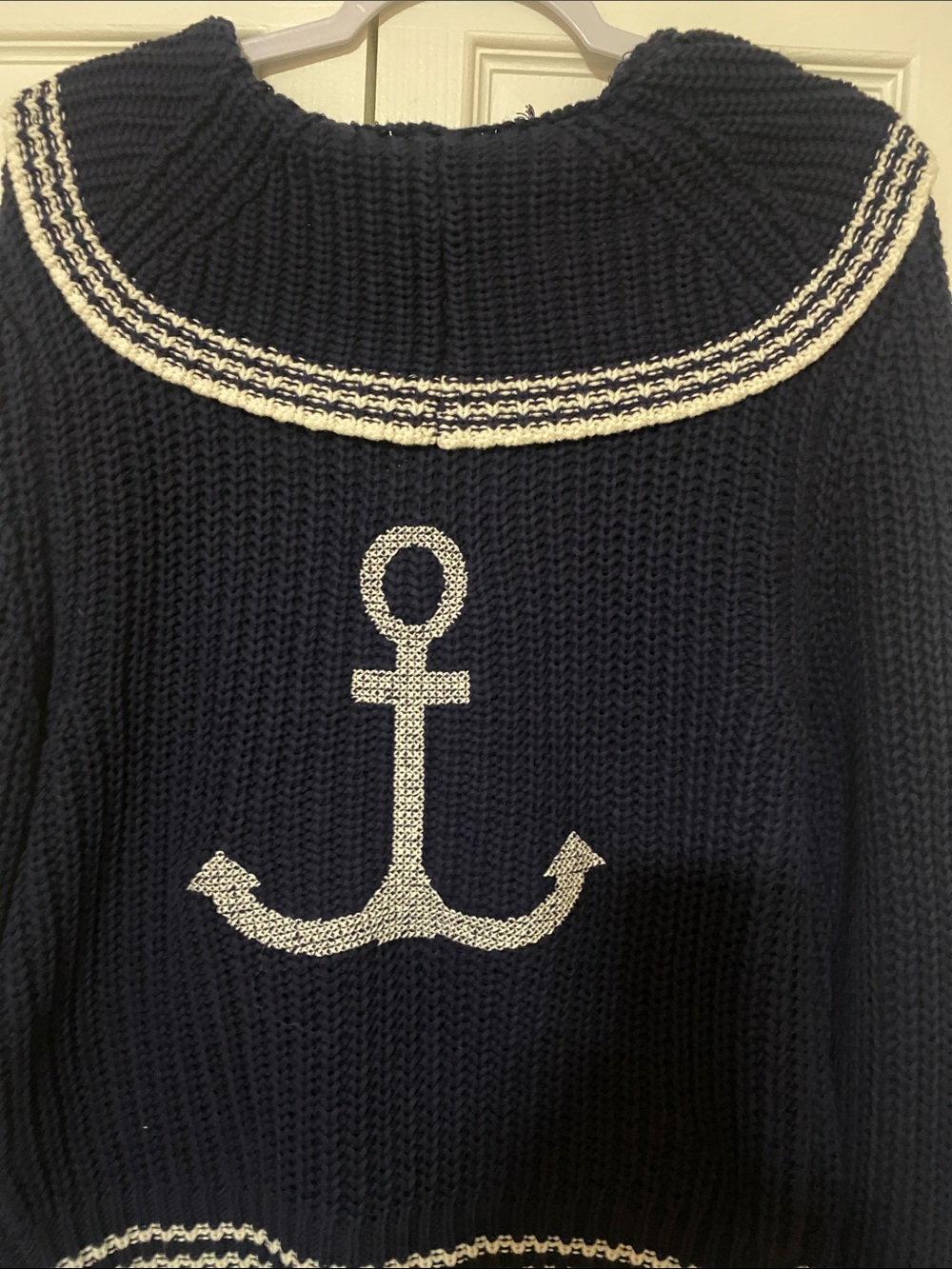 Marled Navy Chunky Knit Sweater with Cream Trim